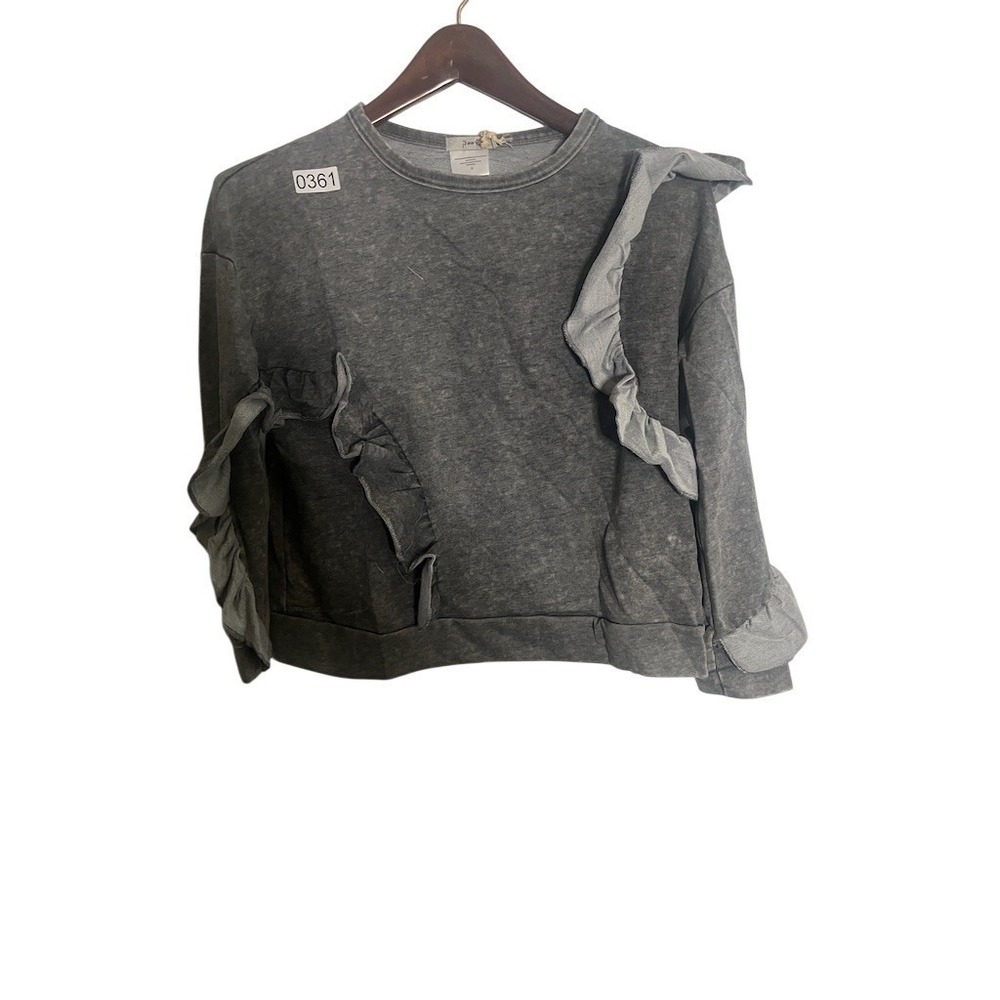 Poof Sweatshirt Girls Size S Gray Acid Wash Ruffle Trim Pullover Crew Neck‎